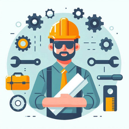 Flat design vector illustration concept of architect, engineer, builder, engineer, construction worker.のイラスト素材