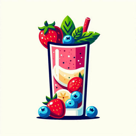 Fruit cocktail with strawberries, blueberries and mint. Vector illustration.のイラスト素材