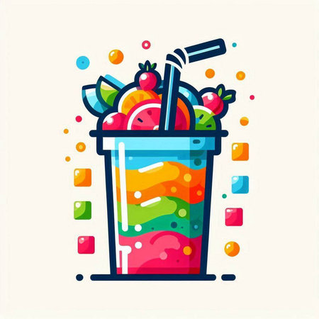 Fruit smoothie in plastic cup with straws. Colorful flat vector illustration.のイラスト素材