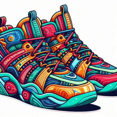 Colorful sneakers. Hand drawn vector illustration. Isolated on white background.のイラスト素材