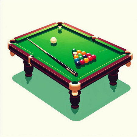 Billiard table with balls and cue in retro style. Vector illustration.のイラスト素材