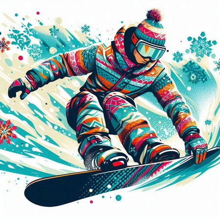 Snowboarder in winter sport. Vector illustration with snowflakes.のイラスト素材