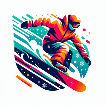 Snowboarder jumping on snowboard, abstract colorful vector illustration.のイラスト素材
