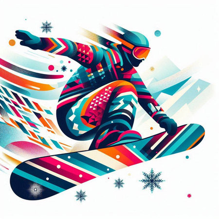 Snowboarder on a background of colorful geometric shapes. Vector illustration.のイラスト素材
