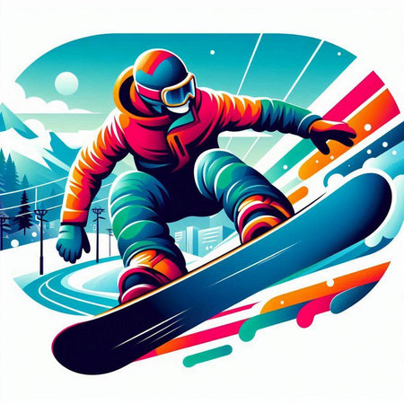 Snowboarder riding a snowboard on a colorful background. Vector illustration.のイラスト素材