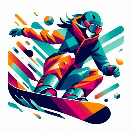 Snowboarder in action, abstract colorful background, vector illustration.のイラスト素材