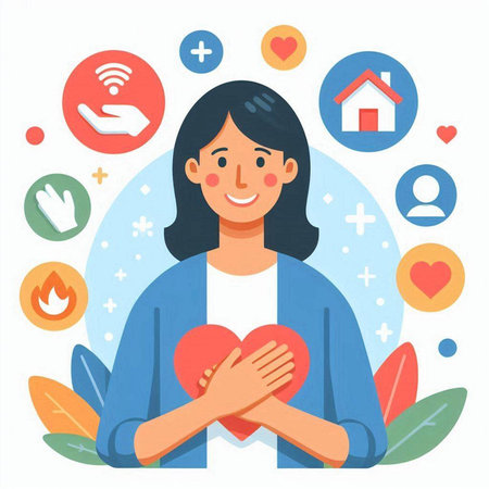 Girl with a heart in her hands. Vector illustration in flat styleのイラスト素材