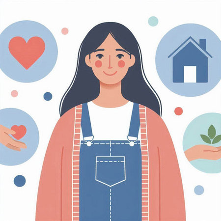 Vector illustration of a woman in a denim overalls with a heart in her hands.のイラスト素材
