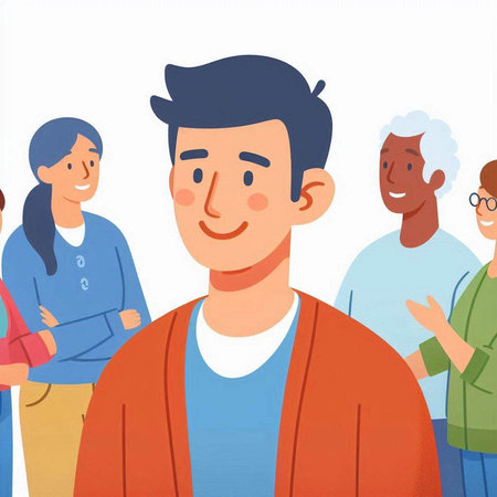 Smiling young man with group of people in background. Vector illustration.のイラスト素材