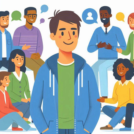 Group of young people with speech bubbles. Vector illustration in cartoon styleのイラスト素材