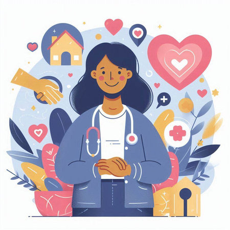 Young woman doctor with stethoscope holding hands. Flat style vector illustration.のイラスト素材