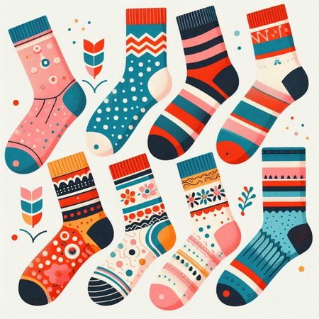 Set of colorful socks with different patterns. Vector illustration in retro style.のイラスト素材