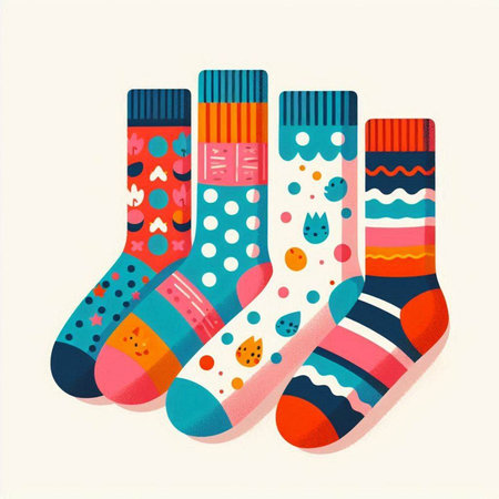 Set of colorful socks with different patterns. Vector illustration in flat style.のイラスト素材