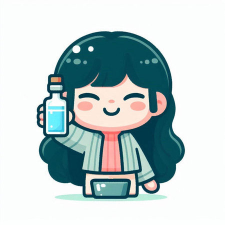 Cute girl holding a bottle of medicine. Vector illustration in cartoon style.のイラスト素材