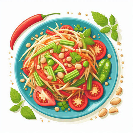Spicy papaya salad with vegetables, herbs and spices on blue plate isolated vector illustrationのイラスト素材