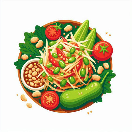 Spicy papaya salad with chickpeas, tomato, cucumber, parsley, beans and chili pepper. Vector illustrationのイラスト素材