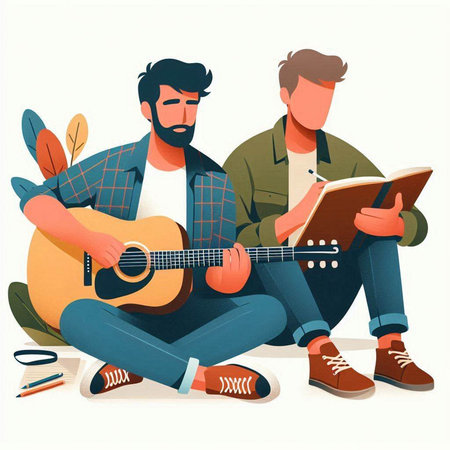 Hipster men playing guitar and reading a book. Vector illustrationのイラスト素材