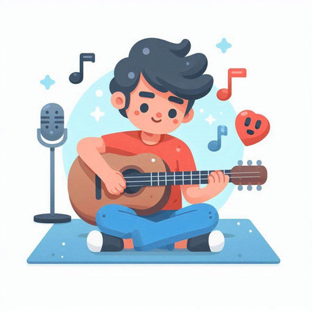 Cute boy playing guitar and singing. Vector illustration in cartoon style.のイラスト素材