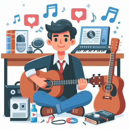 Man playing guitar and singing songs in the room with musical instruments. Flat style vector illustration.のイラスト素材