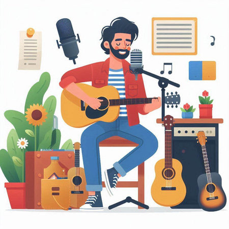 Guitarist in a music studio. Flat style vector illustration.のイラスト素材
