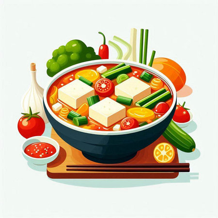 Vegetable soup with tofu in a bowl. Vector illustration.のイラスト素材