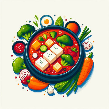 Vegetable soup with tofu and vegetables in a pan. Vector illustration.のイラスト素材