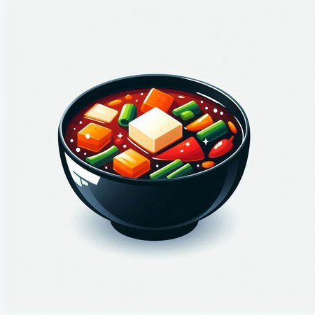 Illustration of a bowl of miso soup with tofu and vegetablesのイラスト素材