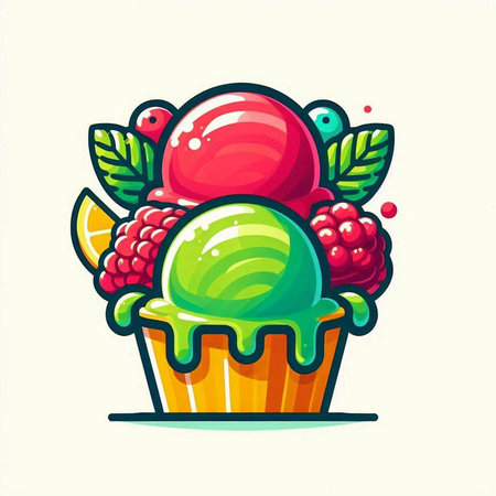 Cupcake with ice cream, berries and mint. Vector illustration.のイラスト素材