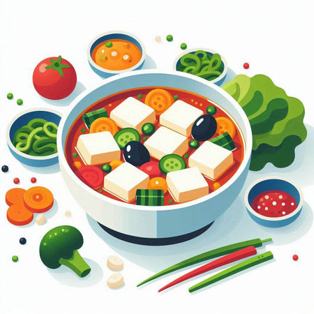Vegetable soup with tofu and vegetables. Vector illustration of vegetable soup.のイラスト素材