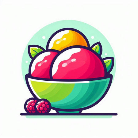 Fruit ice cream in a bowl with berries. Vector illustration.のイラスト素材