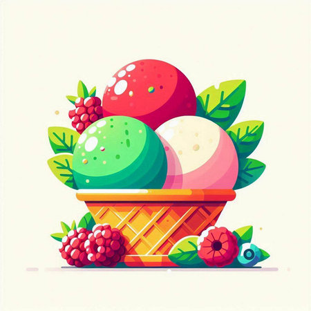 Ice cream in waffle cone with berries and leaves. Vector illustration.のイラスト素材
