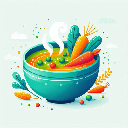 Vegetable soup in a bowl with carrots and peas. Vector illustration.のイラスト素材