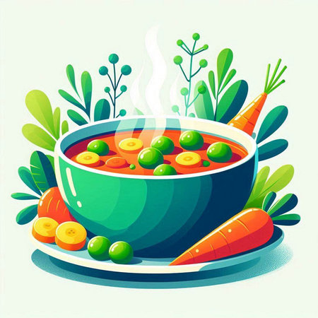 Vegetable soup in a bowl with carrots and lemons. Vector illustration.のイラスト素材
