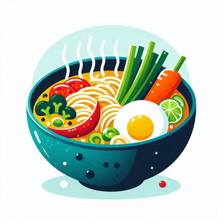 Bowl of noodle soup with vegetables and egg, vector illustrationのイラスト素材