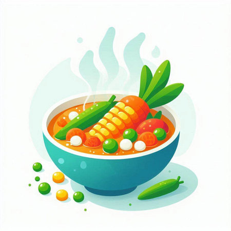 Illustration of a bowl of soup with vegetables. Vector illustration.のイラスト素材