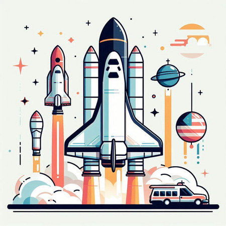 Space shuttle, rocket and stars in flat style. Vector illustration.のイラスト素材