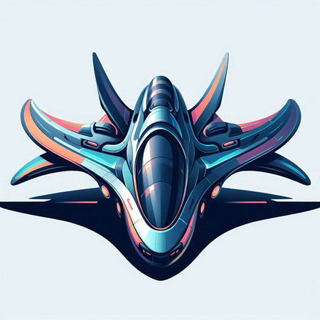 Futuristic space ship in blue and orange colors. Vector illustration.