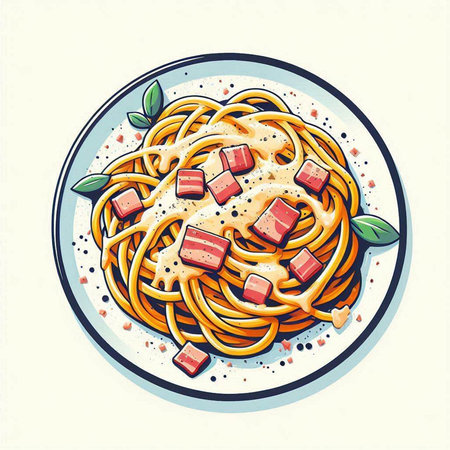 Spaghetti with tomato sauce and cheese on a plate. Vector illustration.のイラスト素材