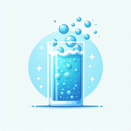 Glass of water with bubbles on a blue background. Vector illustration.のイラスト素材