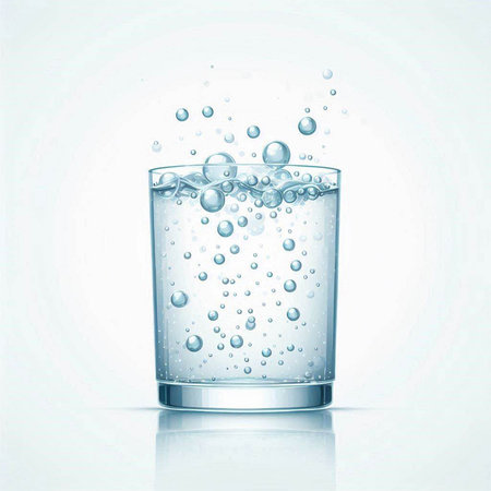 Glass of water with bubbles on a white background. Vector illustration.のイラスト素材
