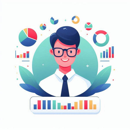 Businessman with charts and graphs. Vector illustration in flat cartoon styleのイラスト素材
