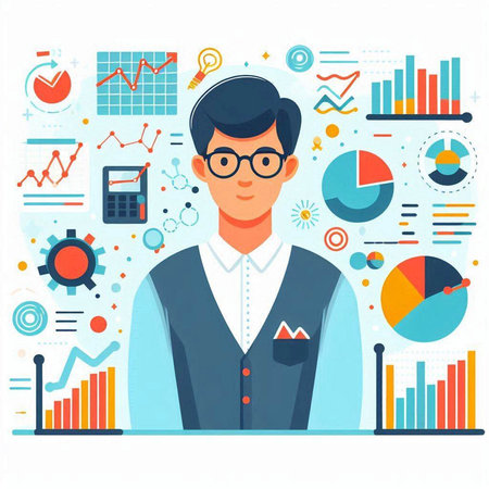 Vector illustration in flat style. Businessman with graphs and charts.のイラスト素材