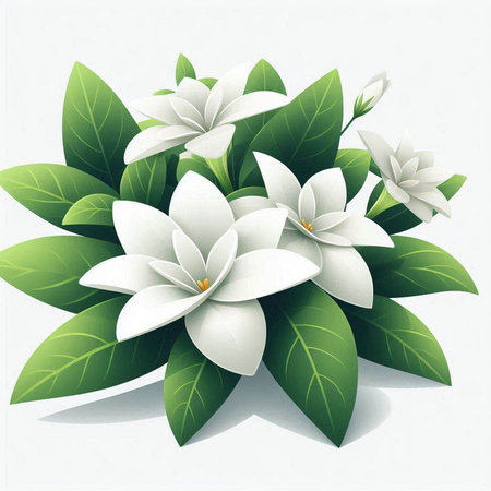 White flowers and green leaves on a white background, vector illustration.のイラスト素材