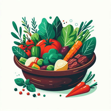 Vegetables in a bowl. Healthy food. Vector illustration.のイラスト素材