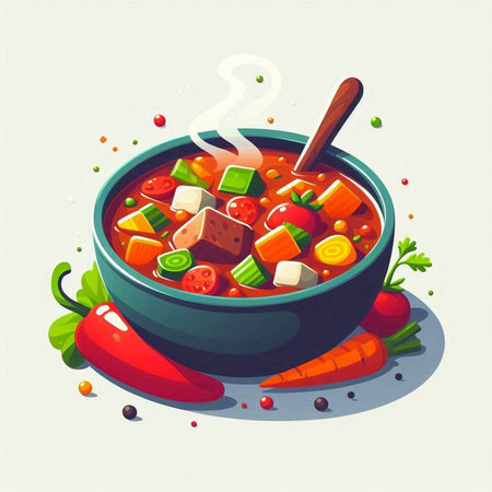 Vegetable soup in a bowl with a spoon. Vector illustration.のイラスト素材