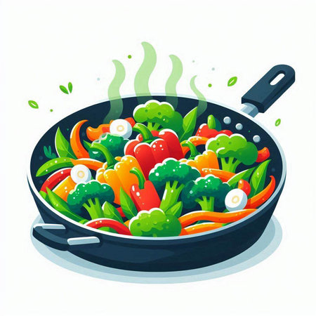 Frying pan with fresh vegetables. Vector illustration in cartoon style.のイラスト素材