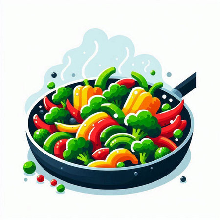 Frying pan with fresh vegetables. Vector illustration in cartoon style.のイラスト素材