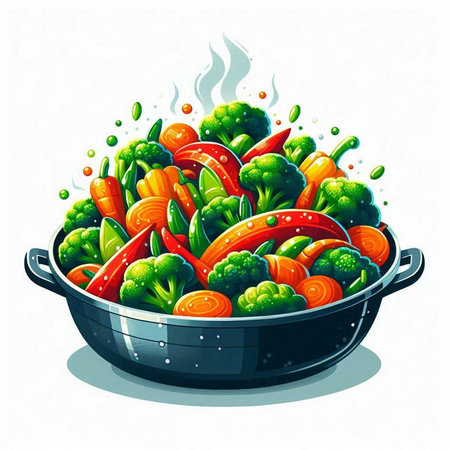 Vegetable salad in a pan with chopsticks. Vector illustration.のイラスト素材