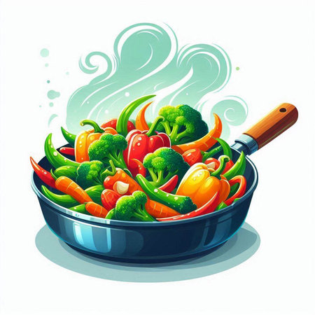 Vegetables in a pan. Vector illustration on white background.のイラスト素材