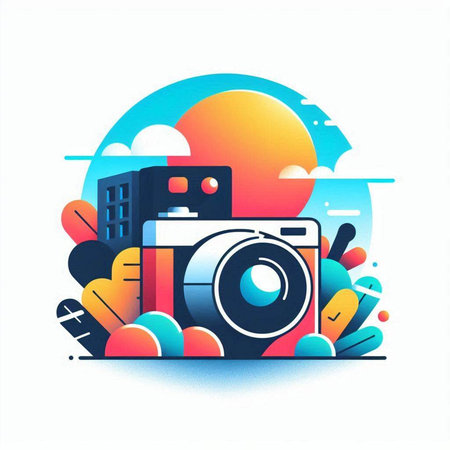 Retro camera and city landscape. Hipster style. Vector illustrationのイラスト素材